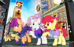 Size: 1300x830 | Tagged: safe, artist:pixelkitties, apple bloom, gummy, nightmare moon, princess celestia, scootaloo, sweetie belle, alicorn, bat pony, earth pony, pegasus, pony, unicorn, g4, adorabloom, alternate hairstyle, background pony, billboard, bridleway, carriage, clothes, cute, cutealoo, cutie mark, cutie mark crusaders, diasweetes, ear piercing, female, hamilton, lens flare, manehattan, mare, night guard, obey, older, older apple bloom, older scootaloo, older sweetie belle, piercing, raised hoof, scar, shadowbolts, taxi, taxi pony, the cmc's cutie marks