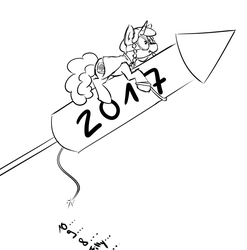 Size: 672x681 | Tagged: safe, artist:spaerk, oc, oc only, oc:marker pony, pony, unicorn, 2017, 4chan, fireworks, horn, mlpg, new year, rocket, simple background, solo, space program, this will end in space, unicorn oc, white background