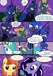 Size: 2824x4026 | Tagged: safe, artist:darkest-lunar-flower, princess celestia, princess luna, oc, oc:galactic jelly, oc:sappy, oc:smooth speaker, g4, ..., blushing, chest fluff, cloak, clothes, crying, high res, knock out, luna is not amused, punch