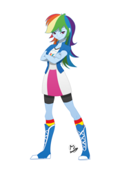 Size: 3508x4961 | Tagged: safe, artist:basykail, rainbow dash, human, equestria girls, g4, absurd resolution, arms, beautiful, boots, breasts, bust, clothes, collar, compression shorts, crossed arms, female, hair, legs, lidded eyes, looking at you, pose, shirt, short sleeves, simple background, skirt, smiling, smirk, socks, solo, t-shirt, teenager, transparent background