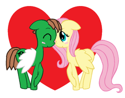 Size: 722x566 | Tagged: safe, artist:ianpony98, fluttershy, oc, oc:ian, pegasus, pony, g4, base used, blushing, boop, canon x oc, cute, eyes closed, female, floppy ears, heart, male, mare, missing cutie mark, ms paint, noseboop, nuzzling, ocbetes, raised hoof, self insert, shipping, simple background, smiling, spread wings, stallion, straight, white background