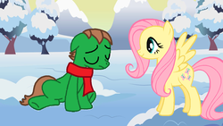 Size: 1190x670 | Tagged: safe, fluttershy, oc, oc:ian, earth pony, pegasus, pony, g4, canon x oc, cheering up, clothes, eyes closed, female, floppy ears, frown, male, mare, ms paint, rankin/bass, sad, scarf, self insert, shipping, sitting, smiling, snow, spread wings, stallion, trace, winter