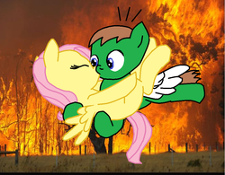 Size: 964x750 | Tagged: artist needed, safe, fluttershy, oc, oc:ian, pegasus, pony, g4, canon x oc, carrying, eyes closed, female, fire, flying, forest, forest fire, hug, kissing, male, mare, ms paint, self insert, shipping, spread wings, stallion, straight, trace