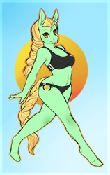 Size: 753x1193 | Tagged: safe, artist:beautifulserendipity, artist:box-cat, oc, oc only, oc:amber waves, earth pony, anthro, unguligrade anthro, belly button, bikini, braid, braided tail, clothes, female, hooves, midriff, solo, swimsuit