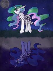 Size: 615x817 | Tagged: safe, artist:marble-sky, princess celestia, princess luna, g4, crying, mare in the moon, moon, night, royal sisters, sad