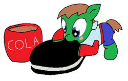 Size: 1288x812 | Tagged: artist needed, safe, artist:kuraton, oc, oc only, oc:ian, earth pony, pony, 1000 hours in ms paint, blushing, clothes, coca-cola, colt, cookie, eating, food, jacket, male, micro, ms paint, nom, oreo, overalls, recolor, simple background, soda, solo, trace, white background
