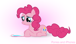 Size: 4999x2900 | Tagged: safe, artist:uliks-uliks, pinkie pie, earth pony, pony, g4, crack, cracked, cracks, crying, cute, diapinkes, female, frown, gradient background, high res, iphone, looking down, mare, nose wrinkle, prone, sad, sadorable, solo