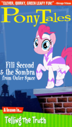 Size: 446x790 | Tagged: safe, fili-second, king sombra, pinkie pie, pony, series:pony tales, g4, clothes, female, fili-second! & the sombra from outer space!, larry-boy! & the fib from outer space!, logo parody, looking at you, mare, parody, power ponies, raised hoof, raised leg, smiling, solo, standing, standing on one leg, superhero, veggietales, vhs