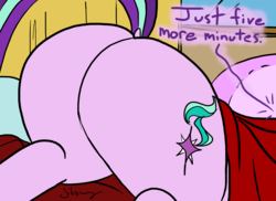 Size: 2508x1830 | Tagged: safe, artist:silverwing, starlight glimmer, pony, unicorn, g4, ass up, bed, bedroom, blanket, butt, butt only, close-up, cute, dialogue, dock, female, glimmer glutes, mare, plot, sleeping, sleepy, solo, tail