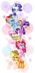 Size: 2665x5425 | Tagged: safe, artist:chickadeelittle, artist:marzipan-madness, applejack, fluttershy, pinkie pie, rainbow dash, rarity, twilight sparkle, alicorn, pony, g4, abstract background, cross-popping veins, floppy ears, high res, mane six, prone, tower of pony, twilight sparkle (alicorn)