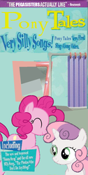 Size: 594x1178 | Tagged: safe, pinkie pie, sweetie belle, earth pony, pony, unicorn, g4, duo, eyes closed, female, filly, impact font, logo parody, mare, needs more jpeg, sing along, smiling, veggietales, very silly songs, vhs