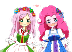 Size: 1200x874 | Tagged: safe, artist:lotte, fluttershy, pinkie pie, equestria girls, g4, beautiful, clothes, cute, diapinkes, dress, floral head wreath, flower, flower in hair, holding hands, looking at you, shyabetes, simple background, white background