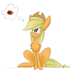 Size: 1963x1934 | Tagged: safe, artist:ratann, applejack, pony, g4, apple, female, food, simple background, sitting, solo, thought bubble, white background