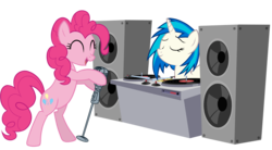 Size: 2000x1100 | Tagged: safe, artist:alexa0118, dj pon-3, pinkie pie, vinyl scratch, earth pony, pony, unicorn, g4, ^^, bipedal, bipedal leaning, cutie mark, eyes closed, female, hooves, horn, leaning, mare, microphone, open mouth, simple background, singing, speaker, transparent background, turntable, vector