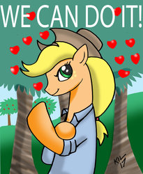 Size: 1024x1250 | Tagged: safe, artist:koku-chan, applejack, earth pony, pony, g4, apple tree, female, parody, poster, rolled up sleeves, rosie the riveter, signature, solo, tree, we can do it!