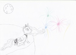 Size: 2048x1494 | Tagged: safe, artist:ragmo, princess luna, pony, g4, female, fireworks, moon, solo, traditional art