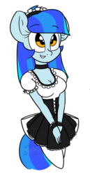 Size: 431x833 | Tagged: safe, artist:dativyrose, oc, oc only, oc:stormy skies, anthro, bow, breasts, cleavage, clothes, collar, corset, cute, dress, female, hat, maid, skirt, socks, solo, stockings, thigh highs, white stockings, wristband