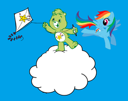 Size: 1130x892 | Tagged: safe, rainbow dash, g4, ashleigh ball, care bears, care bears adventures of care a lot, duo, kite, oopsy bear, voice actor joke