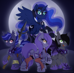 Size: 2414x2371 | Tagged: safe, artist:pearlyiridescence, princess luna, oc, oc:jasmine, oc:midnight flow, oc:night watch, bat pony, pony, g4, armor, claws, clothes, fangs, high res, jewelry, looking back, moon, night, night guard, socks, spear, stockings, thigh highs, weapon
