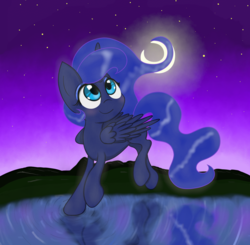 Size: 1434x1406 | Tagged: safe, artist:springveil, princess luna, pony, g4, crescent moon, female, flying, moon, night, solo