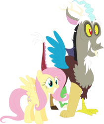 Size: 3014x3592 | Tagged: safe, artist:porygon2z, discord, fluttershy, g4, what about discord?, duo, high res, inkscape, looking at something, simple background, smiling, spread wings, transparent background, vector, vector trace