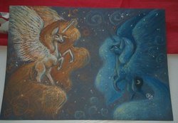 Size: 1280x886 | Tagged: safe, artist:kimsteinandother, nightmare star, princess celestia, princess luna, alicorn, pony, g4, duo, painting, royal sisters, traditional art