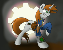 Size: 1344x1058 | Tagged: safe, artist:steam-loco, oc, oc only, oc:littlepip, pony, unicorn, fallout equestria, clothes, cutie mark, fanfic, fanfic art, female, gun, handgun, hooves, horn, jumpsuit, little macintosh, mare, optical sight, pipbuck, raised hoof, revolver, saddle bag, solo, stable door background, teeth, vault suit, weapon