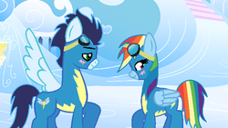 Size: 674x379 | Tagged: safe, artist:soarinrainbowdash3, rainbow dash, soarin', pony, g4, blushing, clothes, male, ship:soarindash, shipping, straight, wonderbolts, wonderbolts uniform