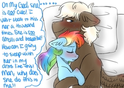 Size: 1600x1132 | Tagged: safe, artist:artistcoolpony, dumbbell, rainbow dash, g4, bed, cuddling, cute, dumbdash, hug, male, pillow, shipping, snuggling, straight
