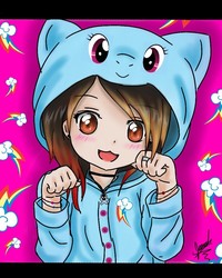 Size: 800x1002 | Tagged: safe, artist:janadashie, rainbow dash, oc, human, g4, behaving like a cat, clothes, female, hoodie, solo