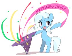 Size: 3765x2930 | Tagged: safe, artist:30clock, trixie, pony, unicorn, g4, bipedal, confetti, cute, diatrixes, featured image, female, happy new year, hat, high res, horn, mare, missing accessory, new year, open mouth, simple background, smiling, solo, standing, trixie's hat, white background