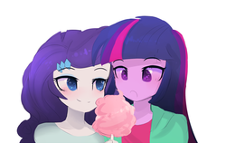 Size: 1280x808 | Tagged: safe, artist:jankrys00, rarity, twilight sparkle, human, equestria girls, g4, blushing, clothes, cotton candy, cute, duo, female, lesbian, ship:rarilight, shipping, simple background, white background