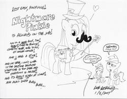 Size: 960x747 | Tagged: safe, artist:newportmuse, pinkie pie, rainbow dash, scootaloo, g4, cape, cheering, clothes, facial hair, fake moustache, hat, heart, mad hatter hat, moustache, nightmare pinkie (superhero), pinkamena diane pie, scepter, signature, smiling, speech bubble, straight hair, text, twilight scepter, unamused, wip