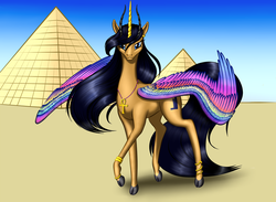 Size: 1024x750 | Tagged: safe, artist:vasillium, alicorn, pony, alicorn oc, ankh, bracelet, cloven hooves, colored wings, ear piercing, egypt, egyptian, egyptian goddess, egyptian pony, isis, jewelry, multicolored wings, necklace, pendant, piercing, ponified, pyramid, wings
