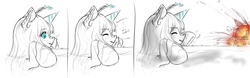 Size: 2000x624 | Tagged: safe, artist:alloyrabbit, oc, oc only, oc:anon, oc:orchid, human, kaiju pony, boop, comic, cute, explosion, eyes closed, ladder, macro, size difference, underhoof