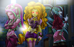 Size: 2500x1600 | Tagged: safe, artist:mauroz, adagio dazzle, aria blaze, sonata dusk, equestria girls, g4, my little pony equestria girls: rainbow rocks, ass, bedroom eyes, belly button, breasts, busty adagio dazzle, busty aria blaze, butt, cleavage, clothes, corset, crossed arms, curvy, female, fishnet stockings, glare, glowing eyes, lidded eyes, looking at you, microphone, midriff, miniskirt, open mouth, pants, red eyes, skirt, socks, sonata donk, stockings, the dazzlings, thigh highs, wide hips, zipper