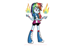 Size: 1280x800 | Tagged: safe, artist:janadashie, rainbow dash, equestria girls, g4, belly button, boots, clothes, compression shorts, female, fire, midriff, short shirt, shorts, simple background, skirt, skirt lift, solo, transparent background
