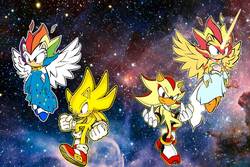 Size: 1800x1200 | Tagged: safe, artist:trungtranhaitrung, rainbow dash, sunset shimmer, equestria girls, g4, crossover, daydream shimmer, male, shadow the hedgehog, sonic the hedgehog, sonic the hedgehog (series), space, super rainbow dash, super shadow, super sonic