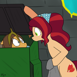 Size: 3000x3000 | Tagged: safe, artist:pony quarantine, oc, oc only, oc:dream sweeper, oc:morning glory, earth pony, pony, banana, banana peel, bandana, cleaning, female, food, high res, looking at each other, mare, surprised, trash, trash can, two toned mane
