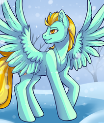 Size: 1100x1300 | Tagged: safe, artist:kellwolfik, lightning dust, pony, g4, female, smiling, snow, solo, spread wings, winter