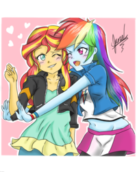 Size: 800x1002 | Tagged: safe, artist:janadashie, rainbow dash, sunset shimmer, equestria girls, g4, belly button, blushing, clothes, compression shorts, female, heart, lesbian, midriff, shipping, sunsetdash