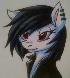 Size: 843x938 | Tagged: safe, artist:razinoats, oc, oc only, oc:revi stiletto, pony, bust, clothes, ear piercing, earring, jacket, jewelry, leather jacket, piercing, portrait, solo, traditional art