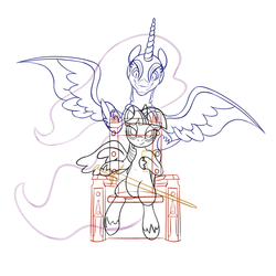 Size: 3500x3500 | Tagged: safe, artist:salemcat, nightmare moon, twilight sparkle, alicorn, pony, g4, high res, sword, the witcher, throne, twilight sparkle (alicorn), weapon, wip