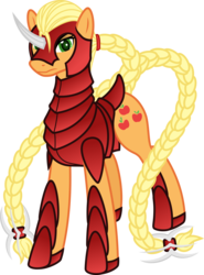 Size: 7400x10000 | Tagged: safe, artist:salemcat, applejack, earth pony, pony, g4, absurd resolution, armor, braid, braided tail, colored pupils, female, long mane, long tail, looking at you, simple background, solo, transparent background