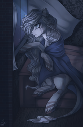 Size: 2193x3327 | Tagged: safe, artist:orfartina, oc, oc only, earth pony, pony, blanket, couch, female, high res, mare, solo, window