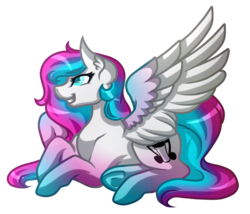 Size: 3500x3000 | Tagged: safe, artist:amazing-artsong, oc, oc only, oc:shimmer strike, pegasus, pony, colored pupils, colored wings, ear fluff, female, high res, looking up, mare, multicolored wings, prone, simple background, smiling, solo, transparent background, underhoof
