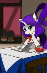 Size: 2140x3285 | Tagged: safe, artist:white-pilled, rarity, pony, g4, chair, cup, female, high res, menu, sitting, solo, table
