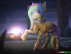 Size: 1600x1225 | Tagged: safe, artist:redchetgreen, oc, oc only, oc:ayvendil, earth pony, pony, armor, dungeons and dragons, ear piercing, fantasy class, female, fire, knight, looking at you, mare, multicolored hair, paladin, piercing, purple eyes, raised hoof, smiling, solo, sunrise, sword, warrior, weapon