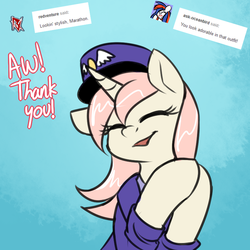 Size: 750x750 | Tagged: safe, artist:cosmalumi, oc, oc only, oc:marathon, pony, unicorn, ask-marathon, blue background, bust, clothes, dialogue, eyes closed, floppy ears, mailmare, open mouth, simple background, smiling, solo, thank you, uniform