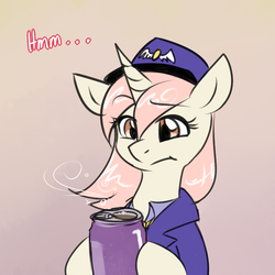Size: 750x750 | Tagged: safe, artist:cosmalumi, oc, oc only, oc:marathon, pony, unicorn, :i, ask-marathon, clothes, dialogue, energy drink, gradient background, hoof hold, looking at something, looking down, mailmare, not sure if want, solo, uniform